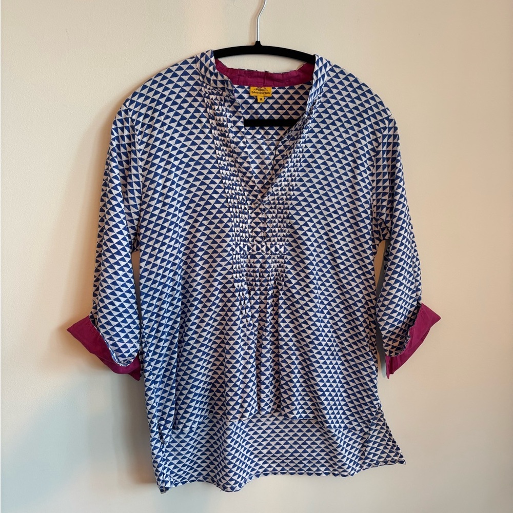 Roberta Roller Rabbit Blue and White Geometric Tunic with Pink Accents